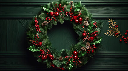 Happy Holiday Merry Christmas wreath with greens and berries