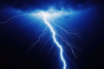 Lightning thunderstorm flash over the night sky.. Thunderous dark blue sky with clouds and flashing lightning. Weather, natural disaster, cataclysm concept. Hurricane, typhoon, tornado, storm