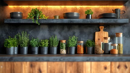 Fototapeta premium Tranquil Elegance: Modern Kitchen Counter with Green Plants and Soft Lighting