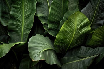 Closeup tropical forest plant. Floral botanical abstract background with dark green leaves texture. Exotic nature, rainforest. Houseplants and urban jungle concept