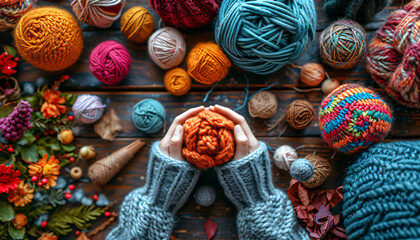 Hands showing knitting supplies. Colorful balls of yarn on a wooden table. 