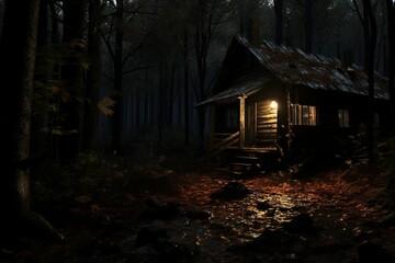 Fototapeta na wymiar Abandoned Forest Cabin Shadows Shadows cast on