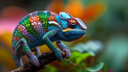 Obraz premium Nature's Palette: Colorful Chameleon on a Branch with Vibrant Skin Patterns