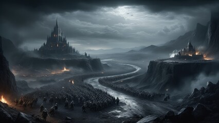 illustration of an epic fantasy battlefield with dark atmosphere - obrazy, fototapety, plakaty