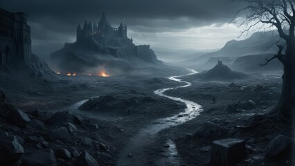 illustration of an epic fantasy battlefield with dark atmosphere - obrazy, fototapety, plakaty