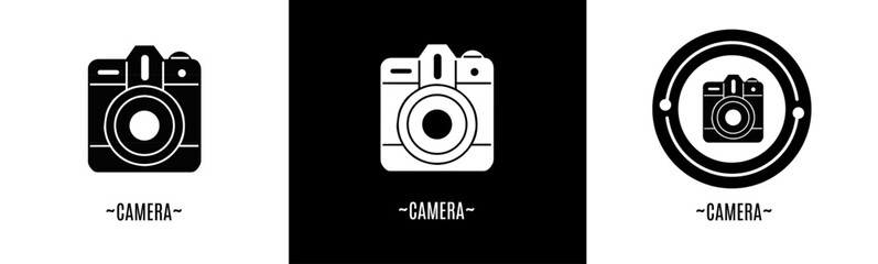 Camera logo set. Collection of black and white logos. Stock vector.