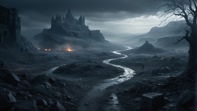 illustration of an epic fantasy battlefield with dark atmosphere - Powered by Adobe