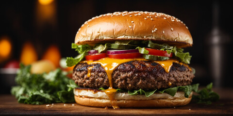  close-up shot of a perfectly grilled burger - Powered by Adobe
