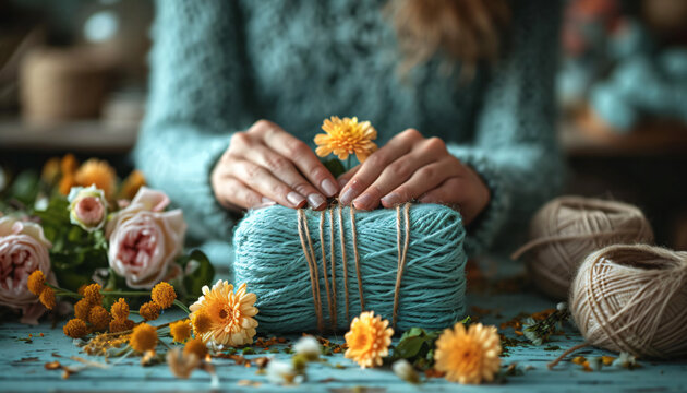 Young woman displaying knitting supplies, horizontal image