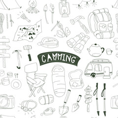 Hand drawn camping seamless pattern background.
