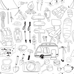 Hand drawn camping seamless pattern background.
