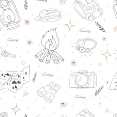 Hand drawn camping seamless pattern background.
