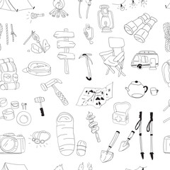 Hand drawn camping seamless pattern background.
