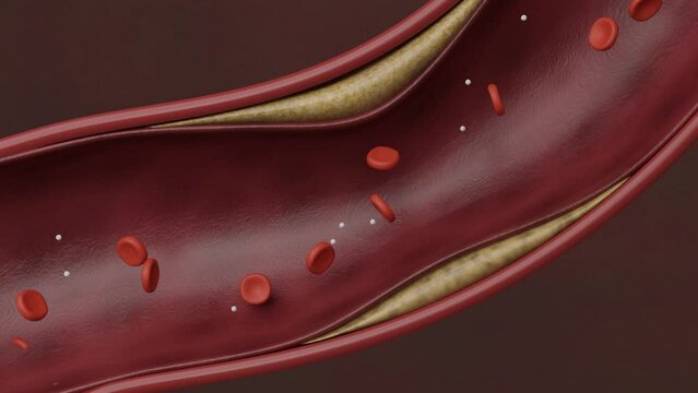 Cholesterol planque blocked red blood cells in cardiovascular system. 3D rendering.