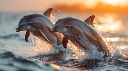 Fototapeta premium Sunset Frolic: Dolphins Joyfully Leaping Out of Water at Dusk