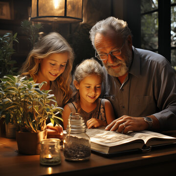Grandmotheerr orr grandfather is doing hometasks work with his grandchild