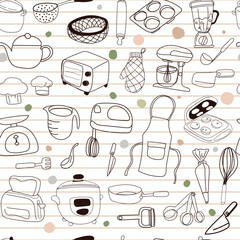Hand drawn kitchenware seamless pattern background.