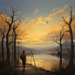 Dead trees in a swamp at sunset. 3d render illustration.