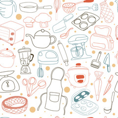 Hand drawn kitchenware seamless pattern background.