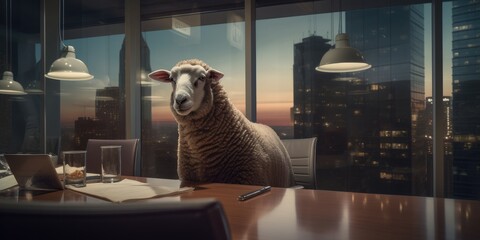 A sheep sitting at a table in front of a window. Generative AI. - obrazy, fototapety, plakaty