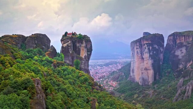 Unique travel attraction in Greece Meteora mountain monastery on cliff top