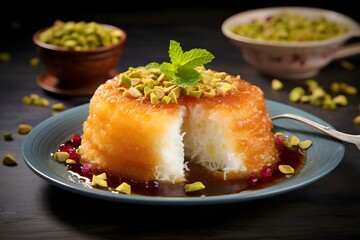 Kunafa, a delectable dessert of shredded phyllo dough filled with sweet cheese or nuts,