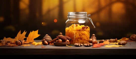 Obraz na płótnie Canvas Autumn-themed jar filled with honey and nuts.