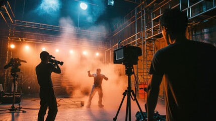 Director watching actors playing fight scene while shooting movie on stage set - obrazy, fototapety, plakaty