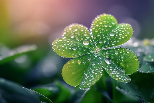Close up of dew drops on a lucky St Patrick's day four leaf clover