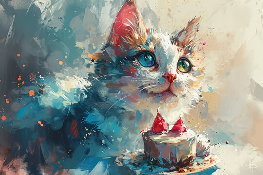 happy excited smiling chubby cat, open eyes, fat cat chubby furry body,holding cake in paws, anime watercolor style with colorful splashes