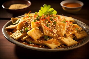 Tahu Tek, a street food favorite featuring fried tofu topped with a peanut sauce, bean sprouts