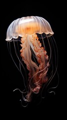 A glowing jellyfish with long tentacles in the dark ocean