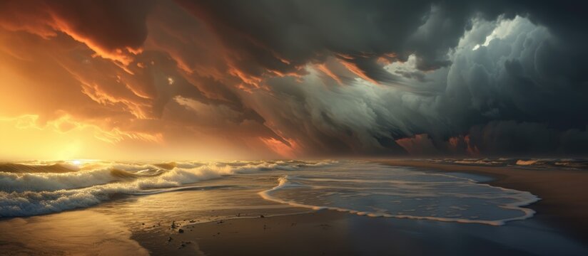 Storm approaching beach at sunset.