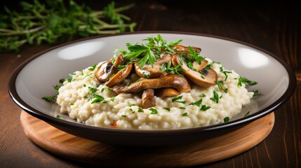 A bowl of creamy risotto with mushrooms, garnished with fresh parsley.