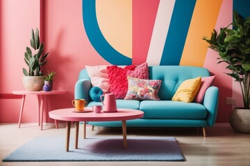 Playful pop art interior home design of modern living room with blue sofa and round table with colorful stucco wall with copy space