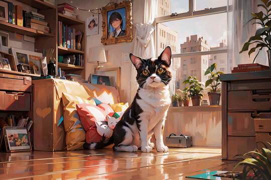 cat wallpaper / black and white cat with orange eyes, anime style, with a shelf full of books in the background with pillows, and a desk and a window in the background.