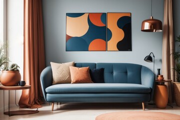 Interior home design of modern living room with blue sofa with abstract art poster on the wall