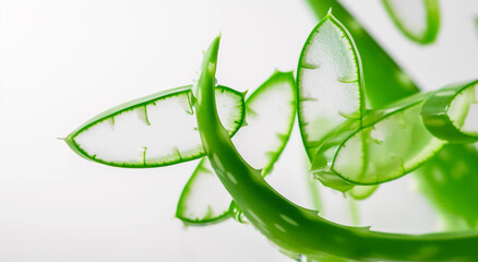 Aloe vera slices flying composition on white background. Skin care concept
