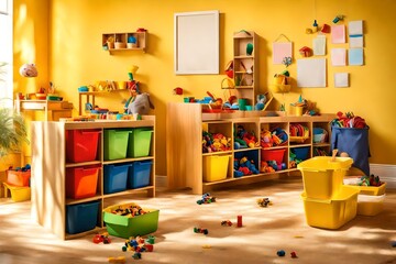 A children's play area with colorful toy storage bins against a sunny yellow wall.