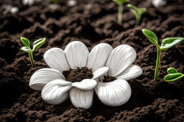 A white ceramic flower  with soil, ready for planting.