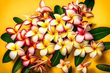 A bundle of exotic plumeria flowers, their vibrant colors and sweet fragrance filling the air against a sunny yellow backdrop.