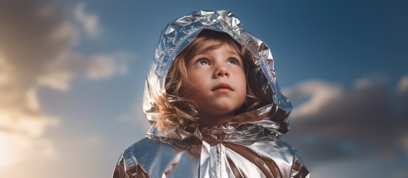 Child wearing tin foil hat gazing skyward.