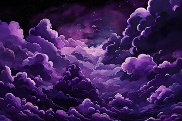 Vibrant close-up of electric violet clouds against a backdrop of inky black, resembling a surreal...