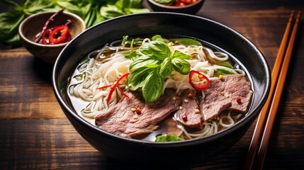 A bowl of pho with steaming broth, rice noodles, and slices of beef.