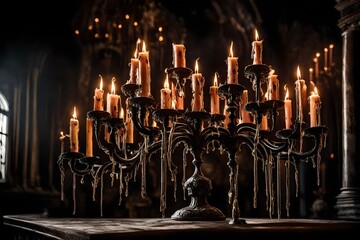 A gothic candelabrum with dripping wax candles, creating a spooky atmosphere in a haunted mansion. - obrazy, fototapety, plakaty