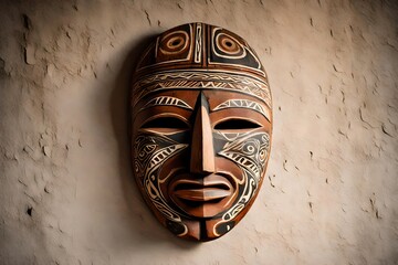 A weathered wooden mask with tribal carvings, hanging on a plain wall.