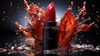 Red lipstick submerged in a brown liquid - obrazy, fototapety, plakaty
