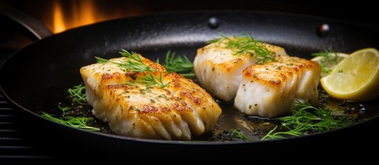 Cod fillet cooked with thyme in a frying pan on a stove.
