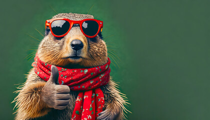 quokka, sonnebrille, thumbs, up, close up, erkältung, schal, rot, hintergrund, gute, Besserung, karte, neu, modern, copy space, gestalten, apotheke, cartoon, 