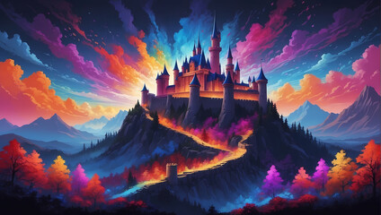 Fantasy colorful Camelot Castle . Creative illustration. Beautiful Castle in Dreamland. Fantasy castle in the mountains, green hills, blue sky, Fantasy Backdrop. Concept Art.  Ai Generate 
